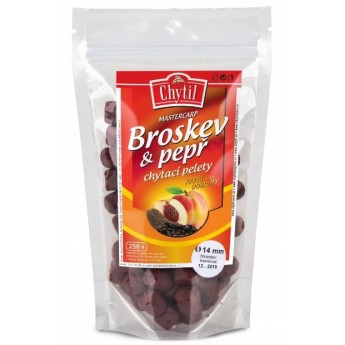 chytací pelety s dírou broskev/pepř 250g